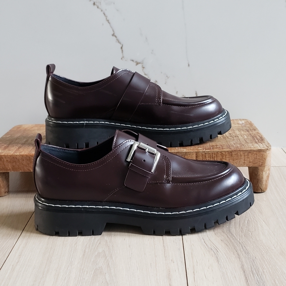 Marc Fisher LTD Tarla Dark Red Leather Platform Buckle Loafers Academia Shoes